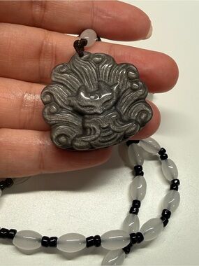 Nine Tailed Fox Silver Sheen Obdidian Crystal Necklace